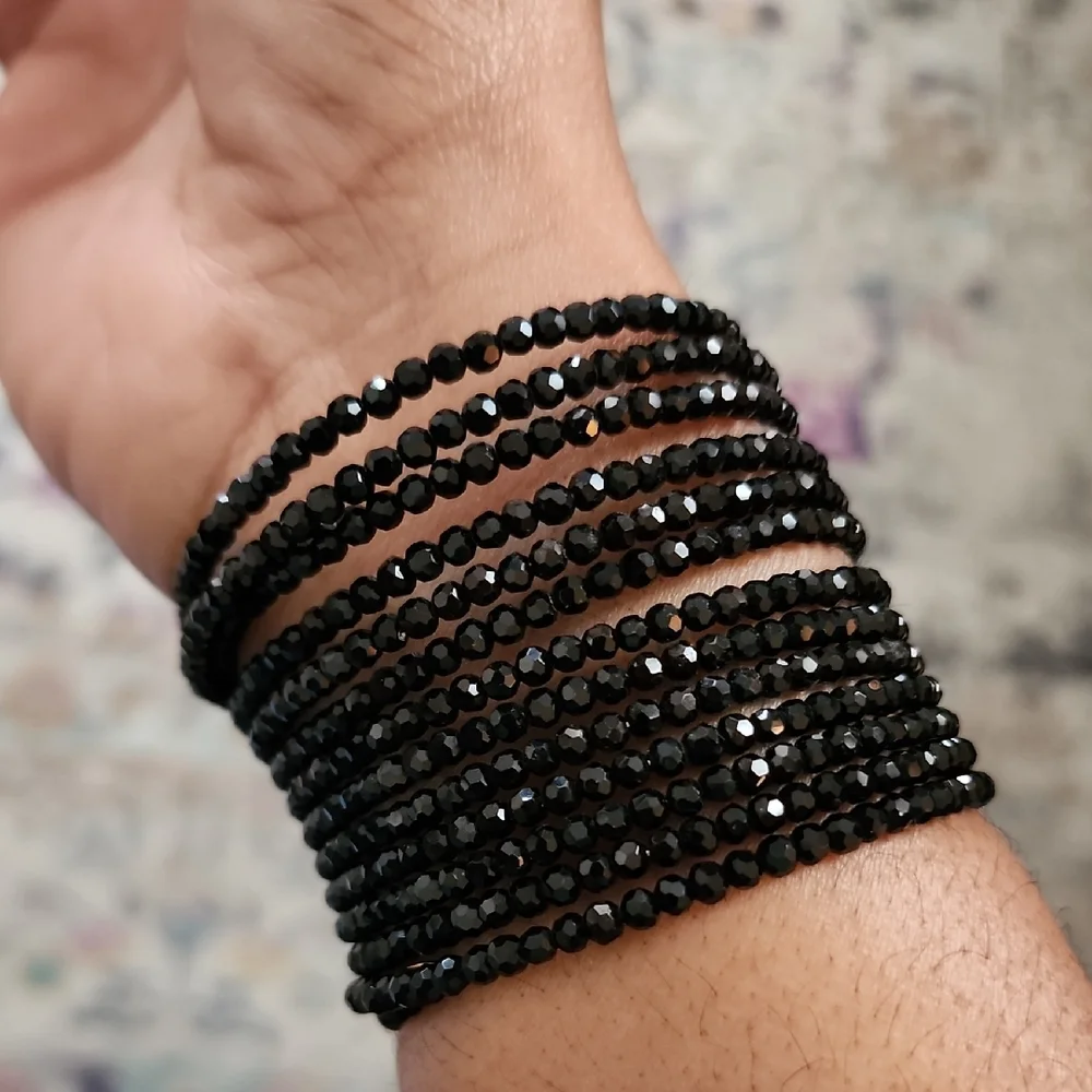 Black Beaded Multi Strand Wrap Bracelet Faceted Stretch Layered Statement